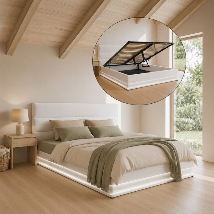 Cama de casal com estrado elevatório Nitas cor branca (150x190cm)