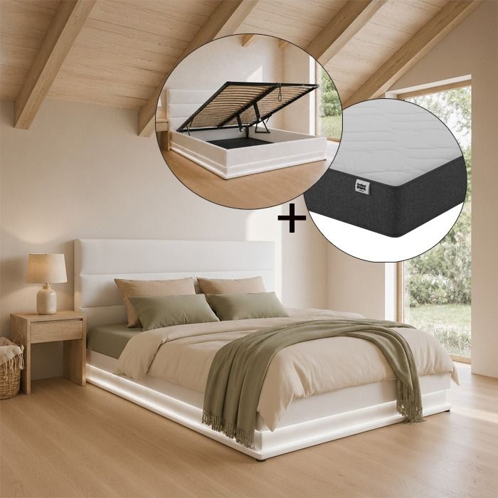 Cama de casal com estrado elevatório Nitas cor branca (150x190cm) com colchão Texas
