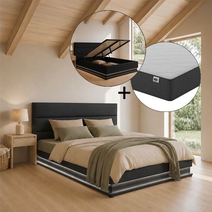 Cama de casal com estrado elevatório Nitas cor preta (150x190cm) Texas