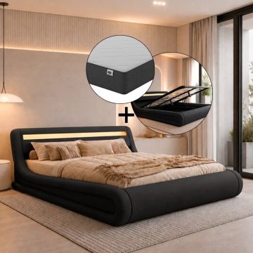Cama de casal com estrado elevatório Rodas cor preta (150x190cm) com colchão Texas