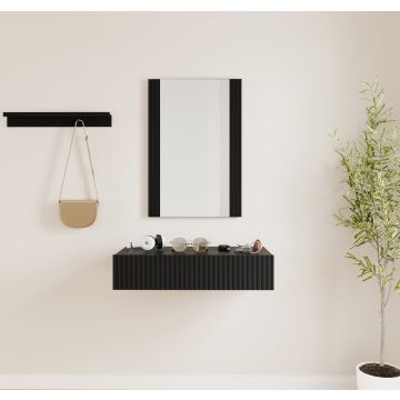 Móvel de entrada Preto canelado com espelho e gaveta Amira 