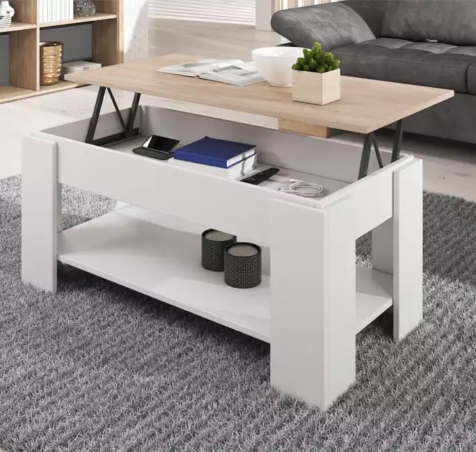 Mesa de centro elevatória Nicoleta cor branca e sonoma